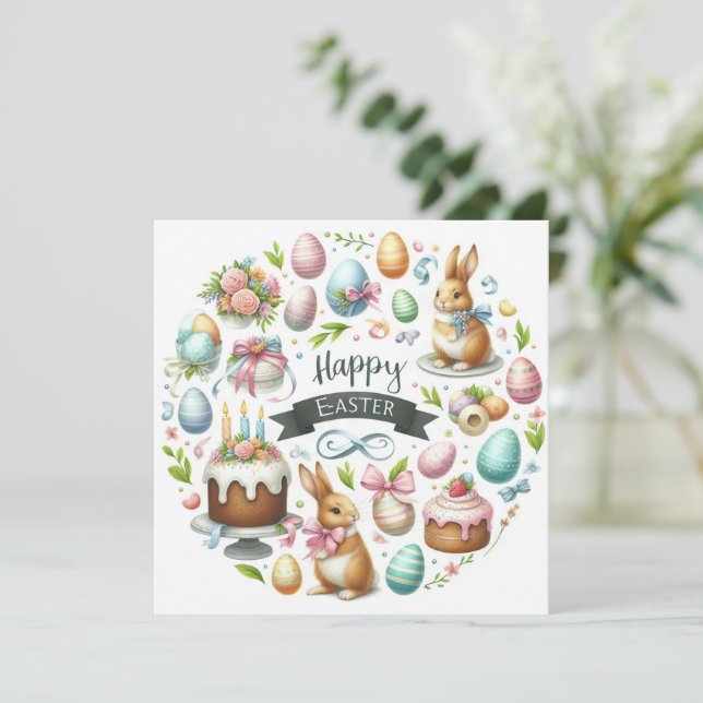 Pastel Easter Bunny Floral Illustration  Holiday Card (Standing Front)