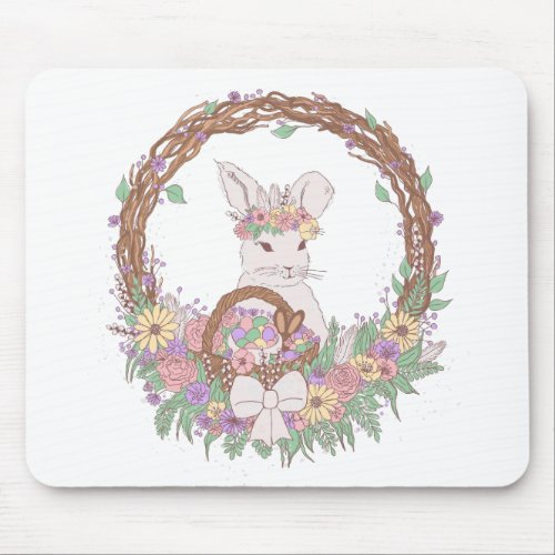 Pastel Easter Bunny Floral Wreath Mouse Pad