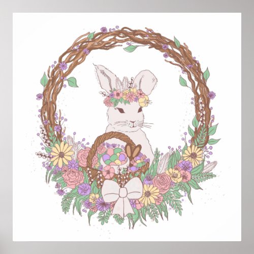 Pastel Easter Bunny Floral Wreath Poster