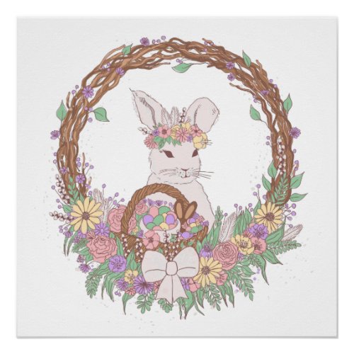 Pastel Easter Bunny Floral Wreath Poster