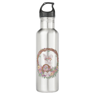 Pastel Easter Bunny Floral Wreath Stainless Steel Water Bottle