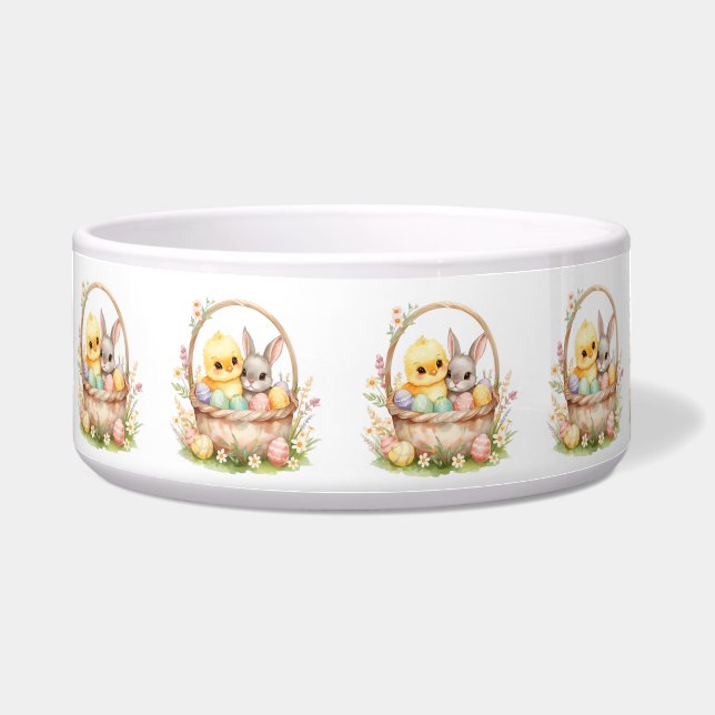  Pastel Easter Chick Bunny Watercolor Spring Pet Bowl (Front)