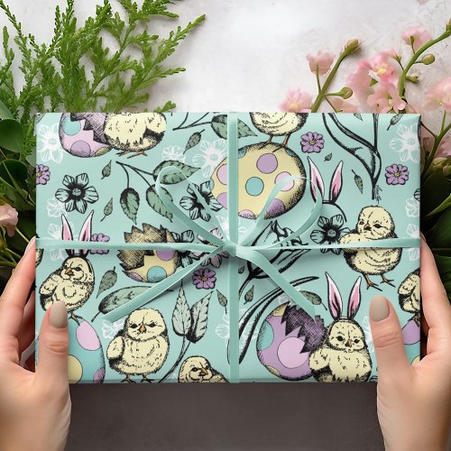 Pastel Easter Chicks  Bunny Ears Eggs Flowers Wrapping Paper