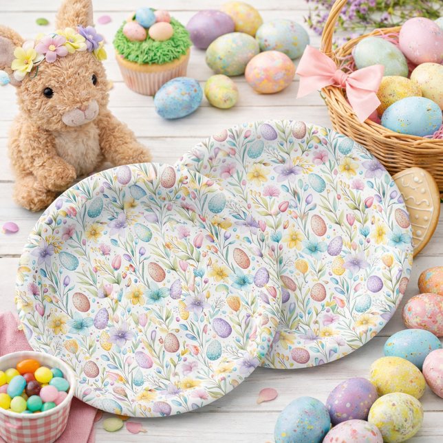 Pastel Easter Egg and Spring Floral Pattern Paper Plates (Creator Uploaded)