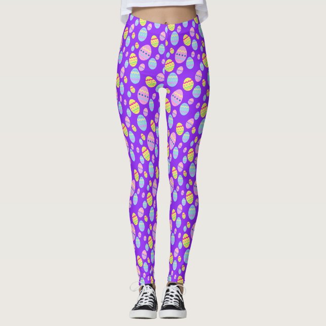 Pastel Easter Egg Pattern on Purple Leggings (Front)
