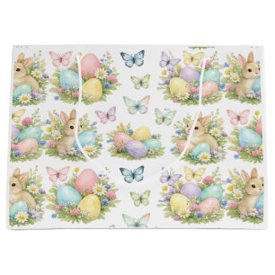 Pastel Easter Eggs & Bunnies Flowers & Butterflies Large Gift Bag