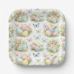 Pastel Easter Eggs & Bunnies Flowers & Butterflies Paper Plates