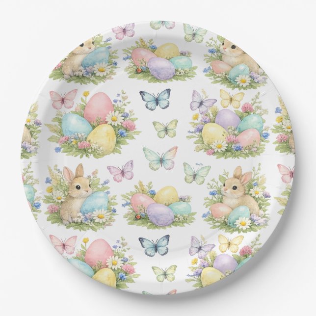 Pastel Easter Eggs & Bunnies Flowers & Butterflies Paper Plates (Front)