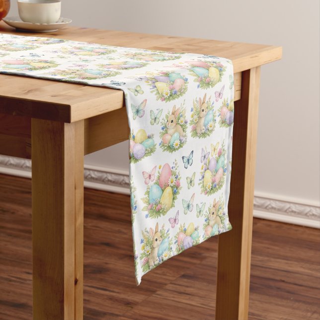 Pastel Easter Eggs & Bunnies Flowers & Butterflies Short Table Runner (In Situ)