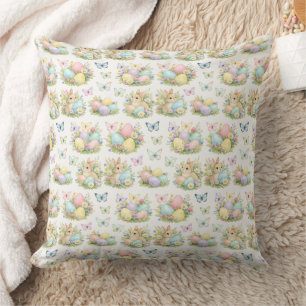 Pastel Easter Eggs & Bunnies Flowers & Butterflies Throw Pillow