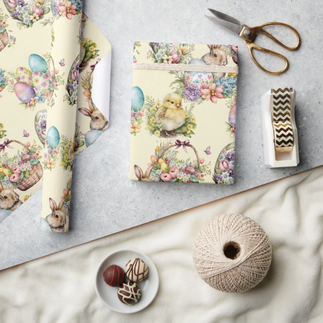 Pastel Easter Eggs, Bunny, Chick Floral Yellow Wrapping Paper (Crafts)