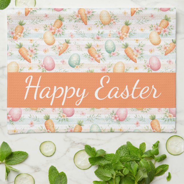 Pastel Easter Eggs & Carrots Watercolor Pattern  Kitchen Towel (Folded)