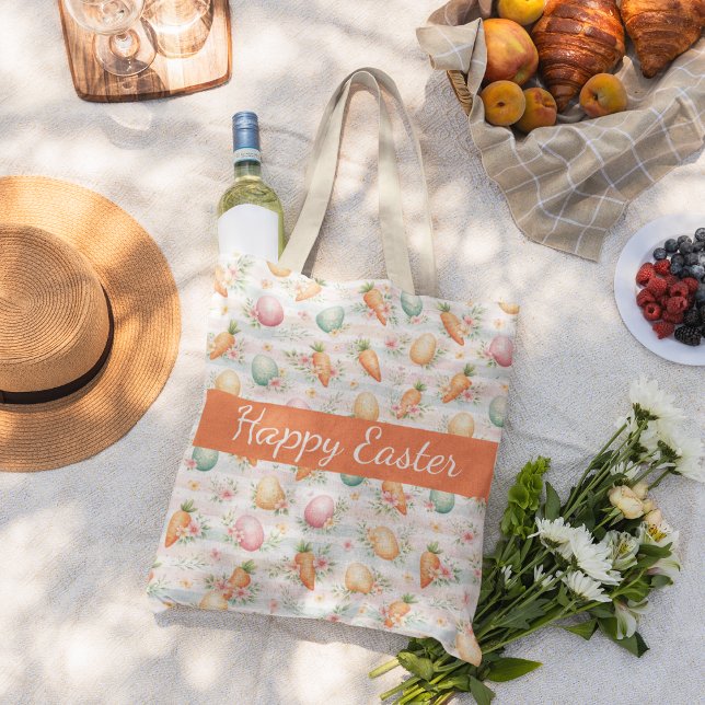 Pastel Easter Eggs & Carrots Watercolor Pattern  Large Tote Bag (Creator Uploaded)