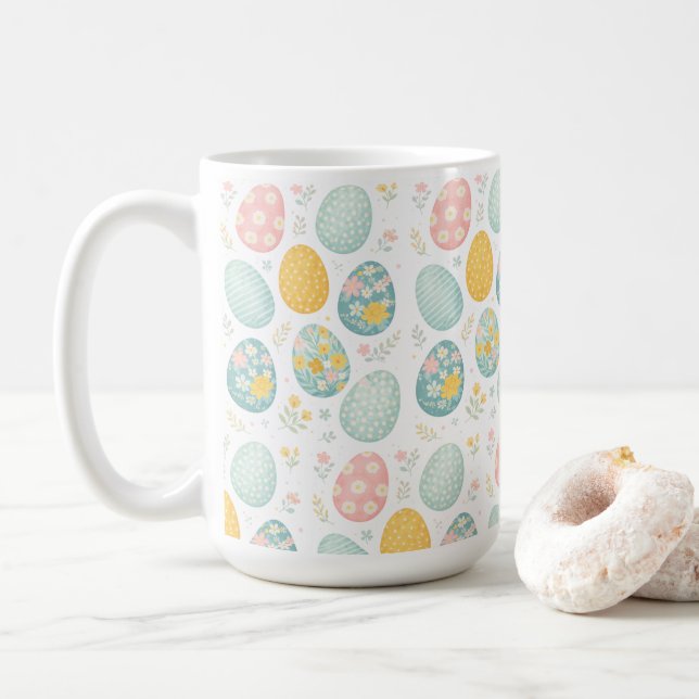 Pastel Easter Eggs Floral Pattern - Cute Spring  Coffee Mug (With Donut)