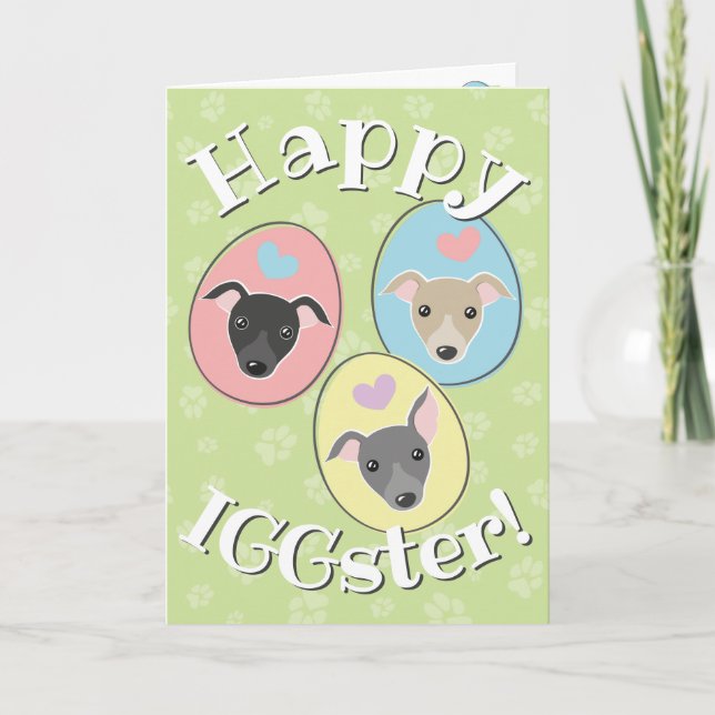 Pastel Easter eggs Funny Italian greyhound Cartoon Holiday Card (Front)