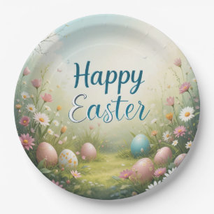 Pastel Easter Eggs in Spring Meadow Happy Easter Paper Plates