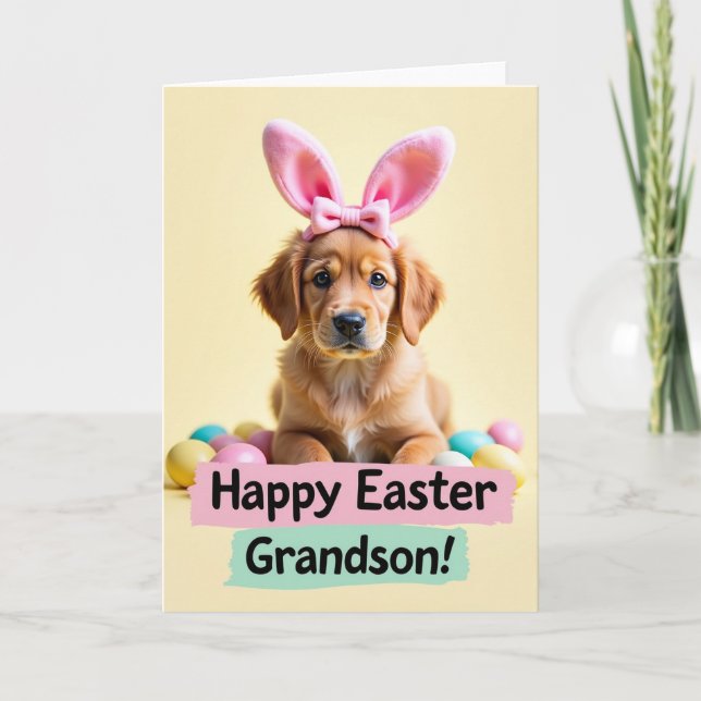 Pastel Easter Pup Grandson Card (Front)