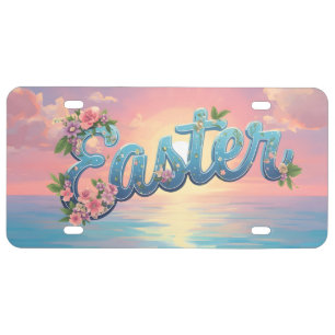 Pastel Easter Text Above the Ocean at Sunrise License Plate