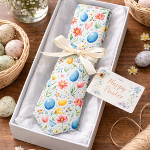 Pastel Easter-Themed  with Flowers and Eggs  Neck Tie