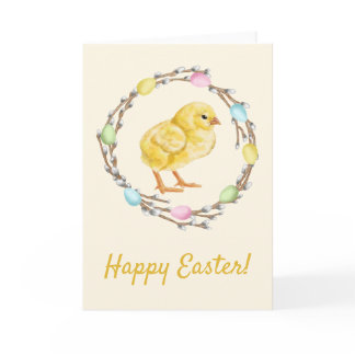 Pastel Easter Willow Wreath With Baby Chick Card