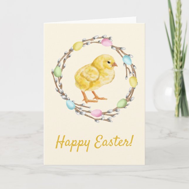 Pastel Easter Willow Wreath With Baby Chick Card (Front)