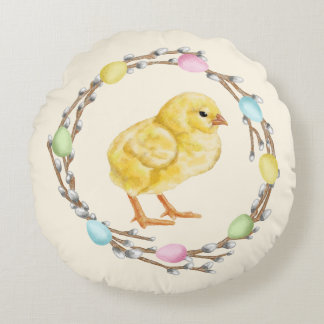 Pastel Easter Willow Wreath With Baby Chick Round Pillow