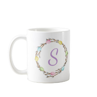 Pastel Easter Willow Wreath With Purple Monogram Coffee Mug