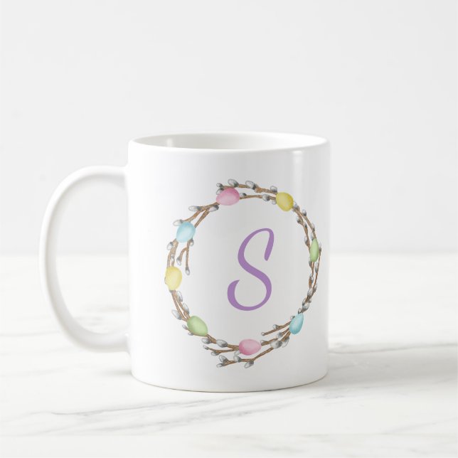 Pastel Easter Willow Wreath With Purple Monogram Coffee Mug (Left)