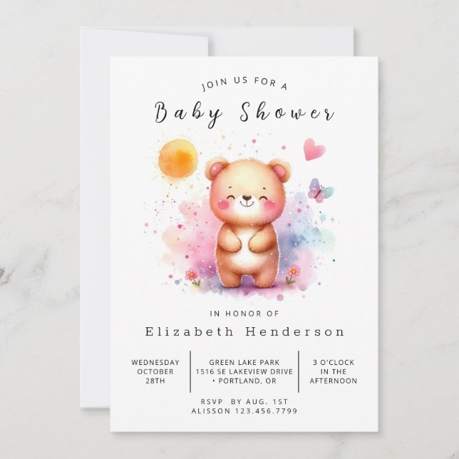 Pastel Editable Bear Baby Shower Invitation (Front)