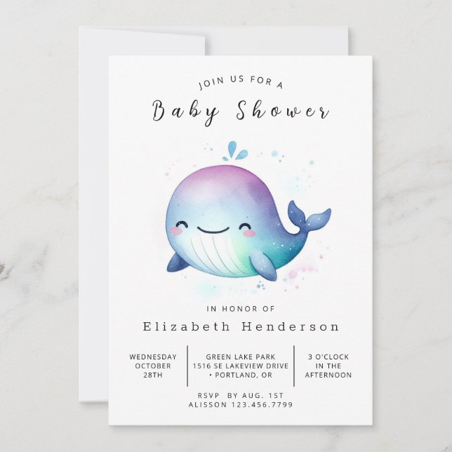 Pastel Editable Whale Baby Shower Invitation (Front)