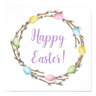 Pastel Eggs Willow Wreath Colorful Happy Easter Poster
