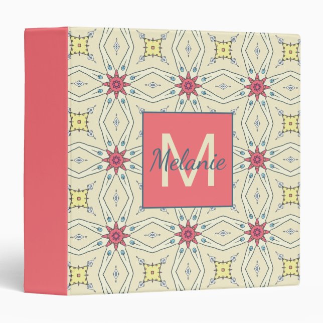 Pastel Elegant Retro Geometric Pattern Monogrammed 3 Ring Binder (Front/Spine)
