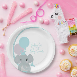 Pastel Elephant Baby Girl Script Baby Shower    Paper Plates