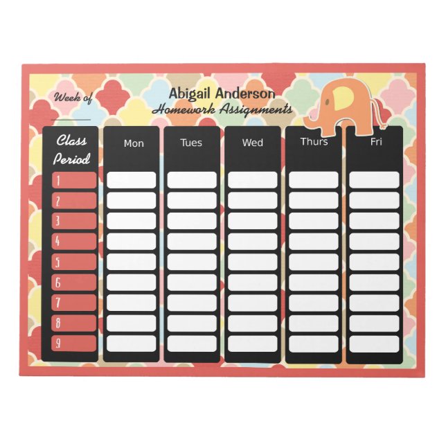 Pastel Elephant Homework Assignment Notepad (Front)