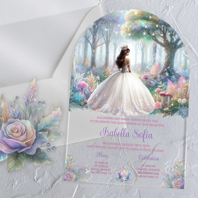 Pastel Enchanted Forest Quinceañera Acrylic Invitations (Enchanted forest acrylic Quinceanera invitation, any occasion, simply add your event details.)