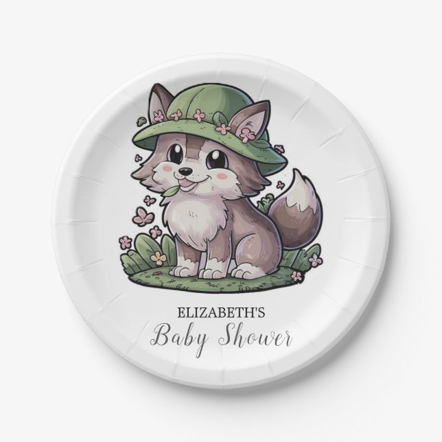 Pastel Enchanted Wolf Baby Shower Paper Plates (Front)