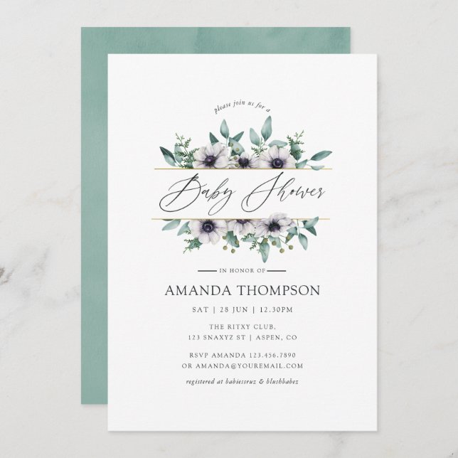 Pastel Eucalyptus Anemone Geometric Baby Shower Invitation (Front/Back)