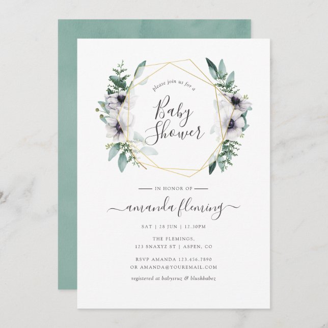 Pastel Eucalyptus Anemone Geometric Baby Shower Invitation (Front/Back)