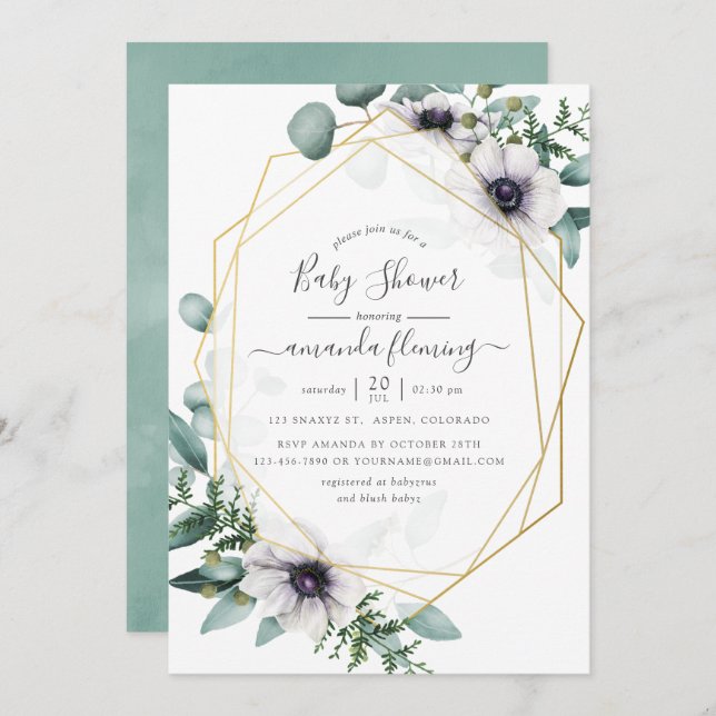 Pastel Eucalyptus Anemone Geometric Baby Shower Invitation (Front/Back)