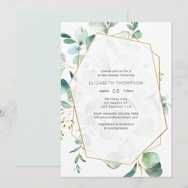 Pastel Eucalyptus Geometric Greenery Bridal Shower Invitation (Front/Back)