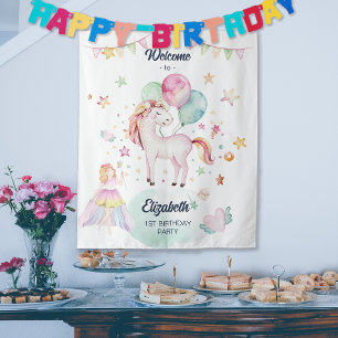 Pastel Fairy Balloon Unicorn Girl Birthday Welcome Tapestry