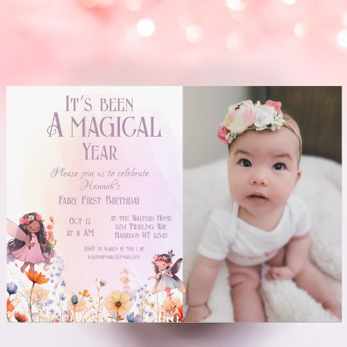 Pastel Fairy First Magic Birthday Photo Invitation