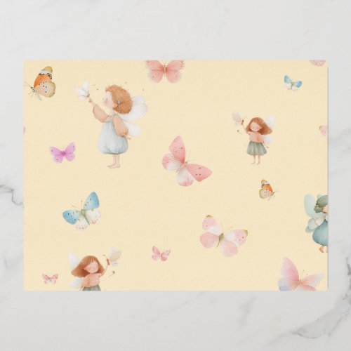 Pastel Fairy Pattern Cute Butterfly Nursery Design Foil Holiday Postcard