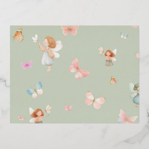 Pastel Fairy Pattern Cute Butterfly Nursery Design Foil Holiday Postcard