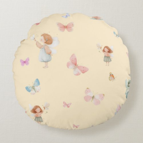 Pastel Fairy Pattern Cute Butterfly Nursery Design Round Pillow