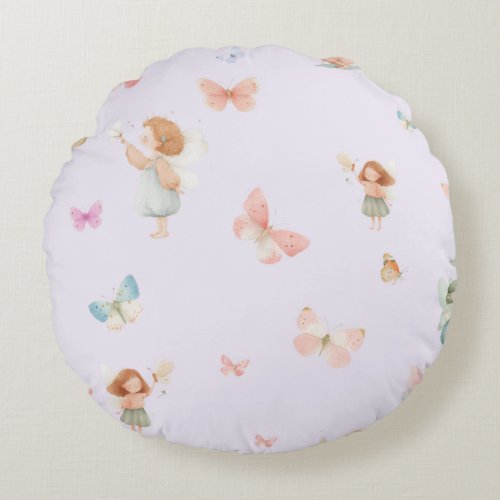 Pastel Fairy Pattern Cute Butterfly Nursery Design Round Pillow