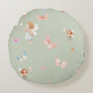 Pastel Fairy Pattern Cute Butterfly Nursery Design Round Pillow