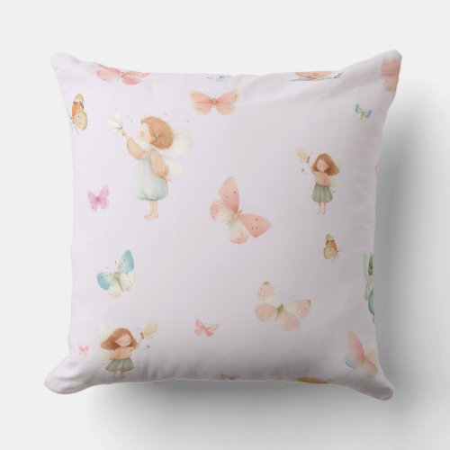 Pastel Fairy Pattern Cute Butterfly Nursery Design Throw Pillow