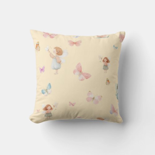 Pastel Fairy Pattern Cute Butterfly Nursery Design Throw Pillow