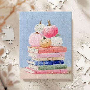 Pastel Fall Pumpkins on Books Wall Art Jigsaw Puzzle